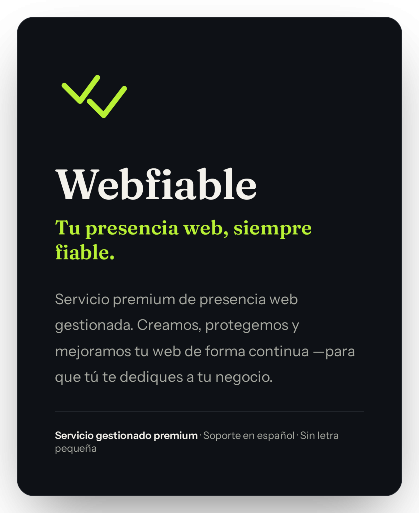 Tarjeta de marca de Webfiable con el lema «Tu presencia web, siempre fiable».